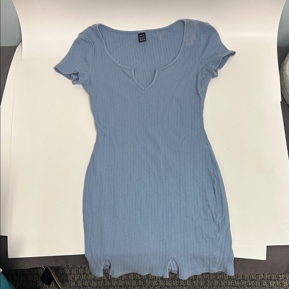 Light Blue Ribbed Short Sleeve Dress